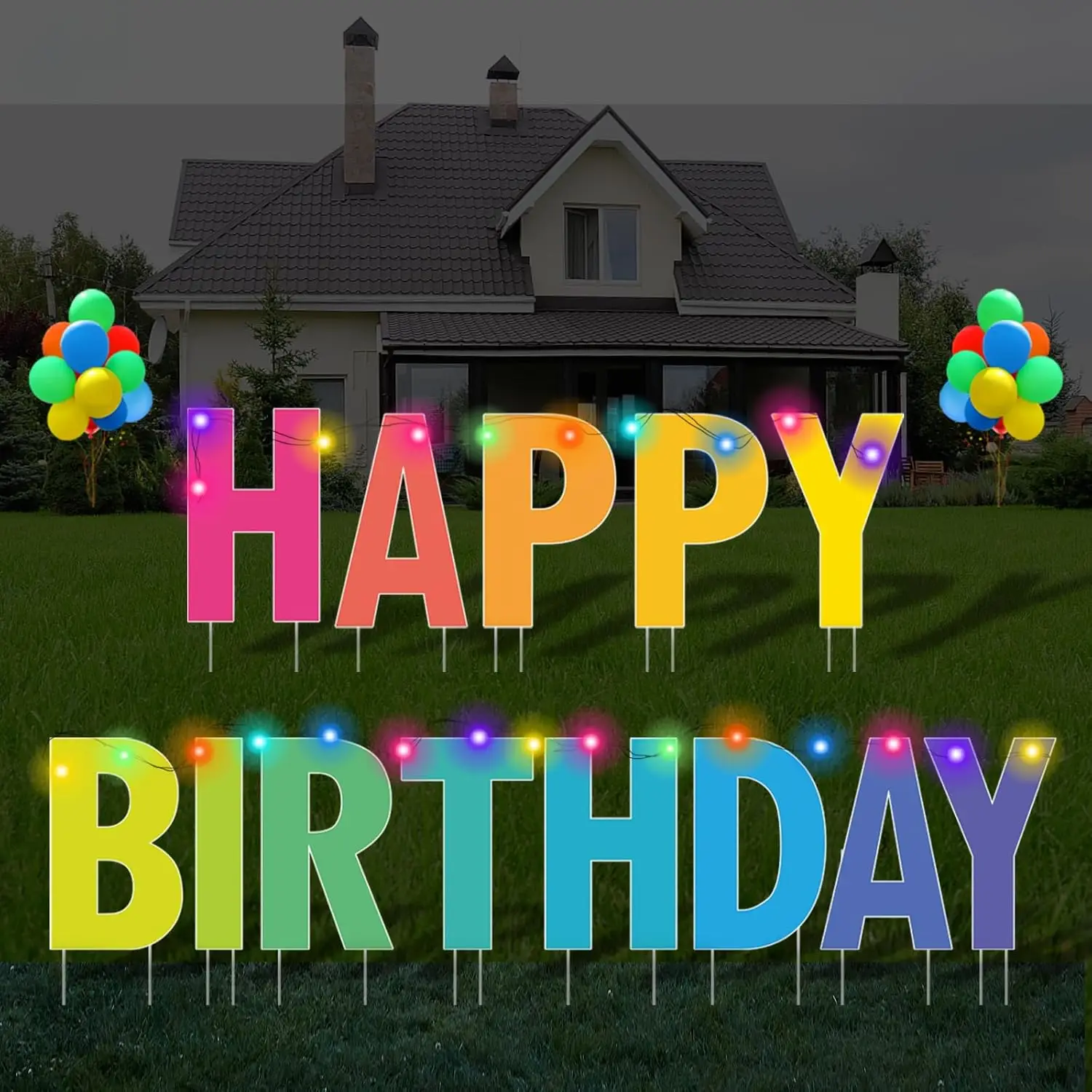 

Happy Birthday Yard Sign with Stakes - Bright Rainbow Color, 17" Large Size, 2 Pcs LED Lights, Perfect Outdoor Lawn Decorations