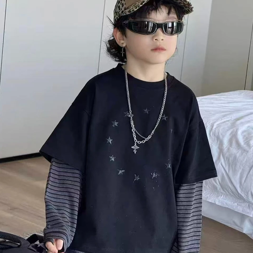 Boys T-shirt 2026 Autumn and Winter New Children's Clothing Korean Style Boys and Girls Loose Star Printed Fake Two T-shirts