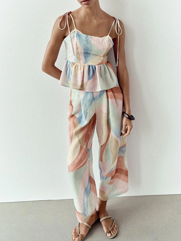 New Summer Women's Wide Leg Pants And Strap Tops Fashionable Chinese Style Clothing Short Sleeve Print Design Straight Hem