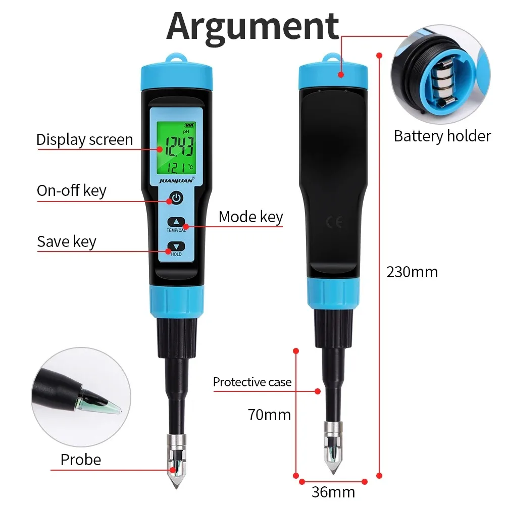 Food PH Meter 0.00~14.00 PH Temp Tester for Meat Canning Cheese Dough Fruit Meat Water Soil PH Test with High Precision Probe