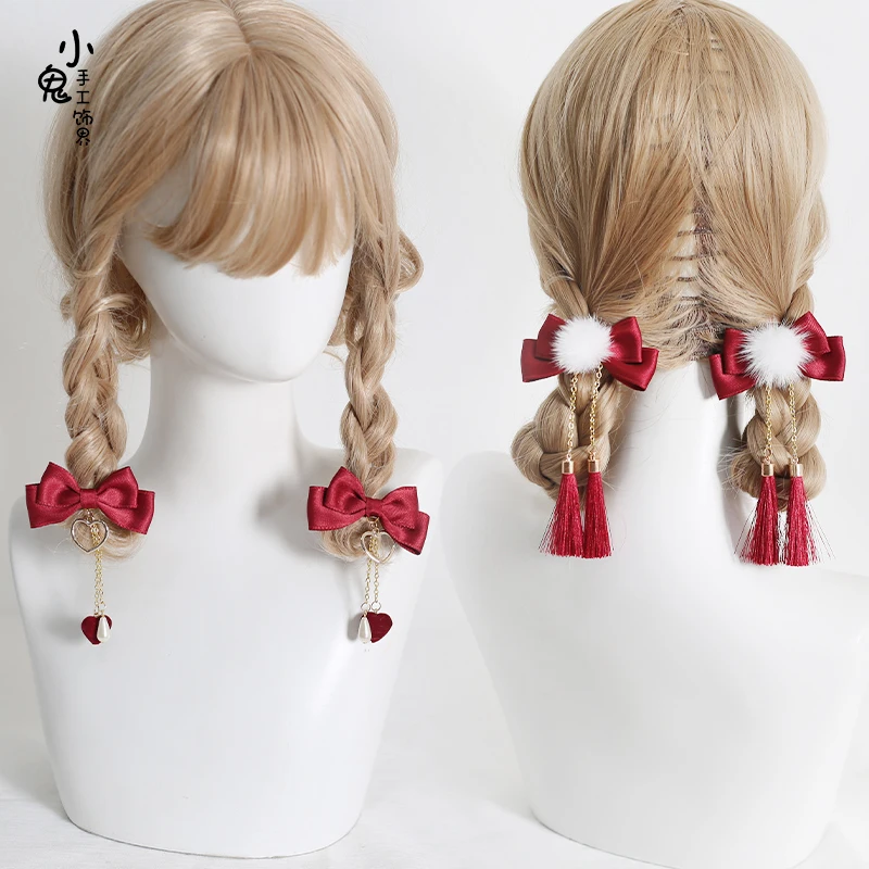 Original hair bulb dark red hair Chinese wind bowknot tassel hair hoop double horsetail hair clips KC