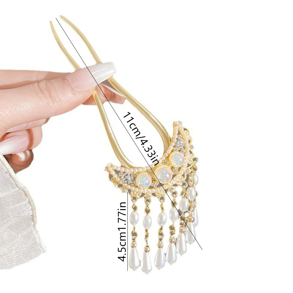 1pc U Förmigen Haar Sticks Gabeln Perlen Quaste Anhänger Dekor Alten Chinesischen Stil Haar Brötchen Maker Glänzenden Strass Designs – Detail 6