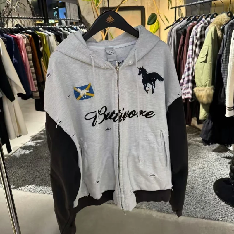 

Project G/R Hooded Jacket Patchwork Distressed Washed Embroidered Warhorse Zipper Hooded Sweatshirt for Men Women