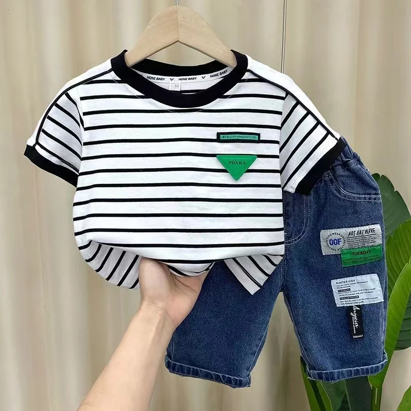 Boys Boutique Summer Clothes Striped Pullover Short Sleeve Shirt And Jeans Shorts 2Piece Baby Outfit Kids Casual Sport 1-8Y Suit