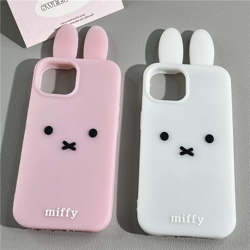 Luxuriöse, süße, rosa-weiße Miffy Silikon-Handyhülle für iPhone 12 13 14 15 16 17 Pro Max, lustige Cartoon-Miffy-Hülle mit langen Ohren ﻿