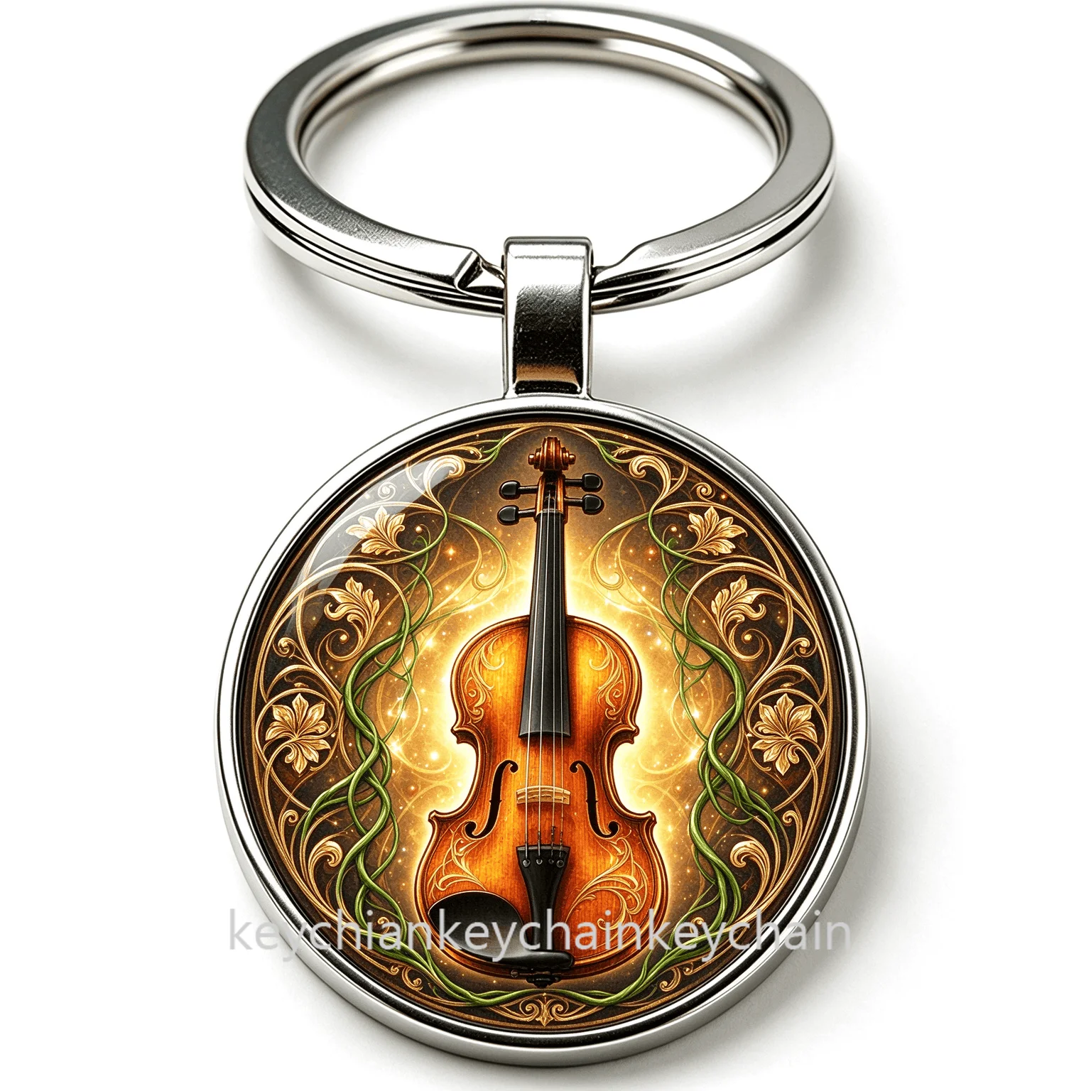 Vintage Ornate Violin Keychain, Floral Vine Violin Key Ring, Classic Music Instrument Round Key Pendant