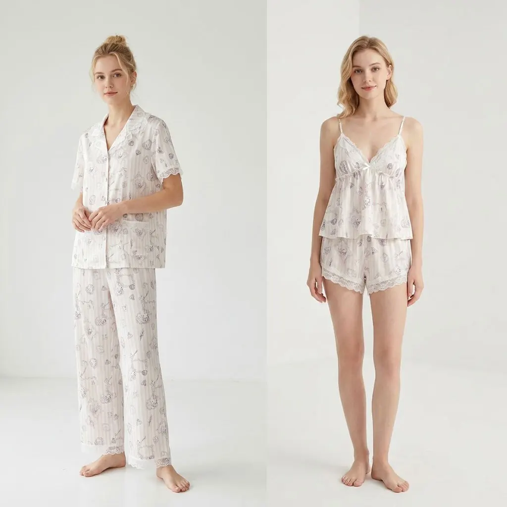4 Pcs Women Silk Satin Pajamas Set Camisole Tank Top Lace Shorts Button Down Short Sleeve Top Long Pants Sleepwear Lounge Pajama