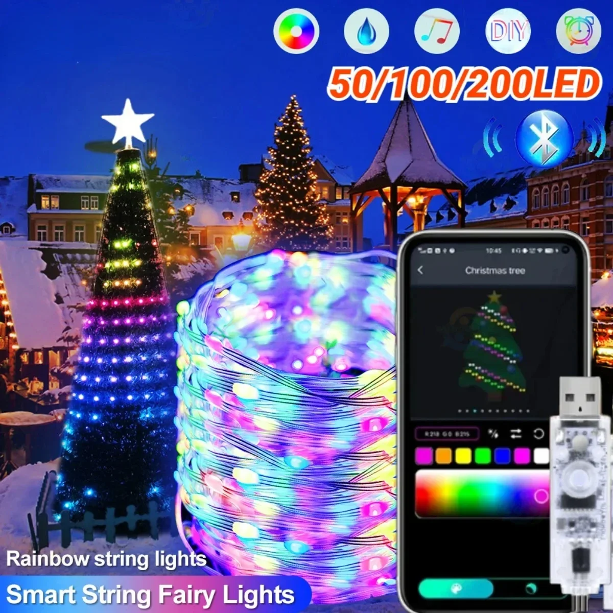 

50/100/200 LED Christmas Lights Fairy String Light Smart Bluetooth Addressable Curtain Lights Holiday Home Party Birthday Decor