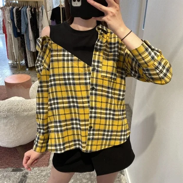 

Classic Retro Plaid Patchwork Loose irt Top Asymmetric Briti Sle Cotton Cheered Print f High Collar Five Sve Wo...