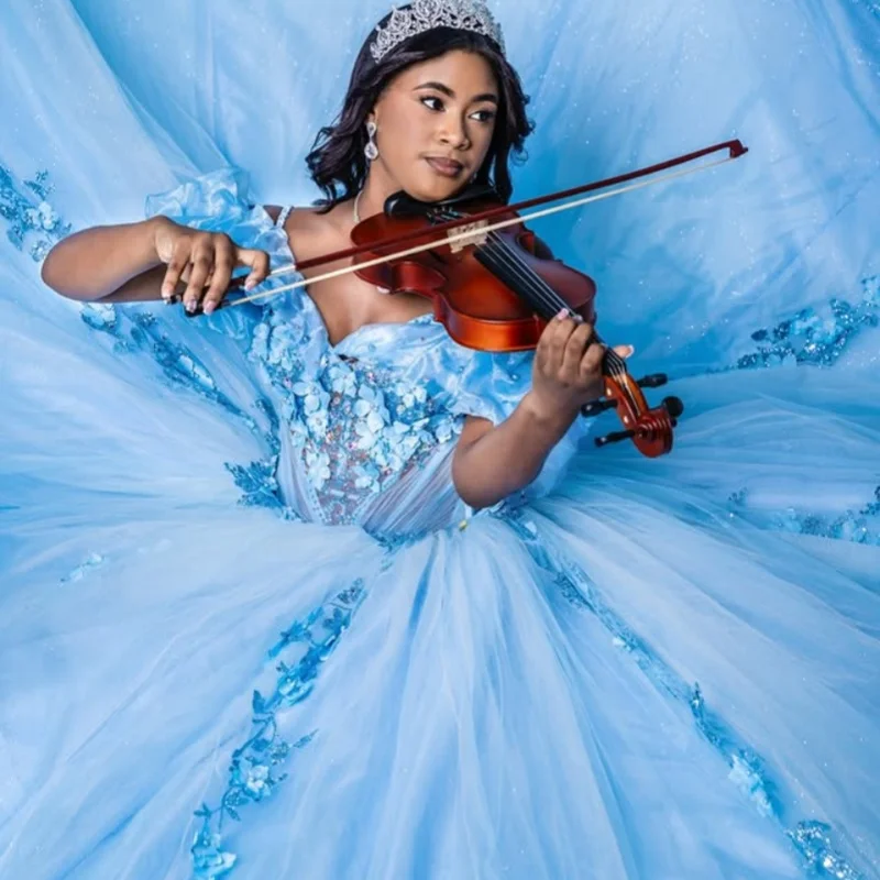 

Light Blue Quinceanera Dress off-shoulder Glitter Crystal Decal 3D flower Long tail vestidos de 15 Quinceanera ﻿Customize