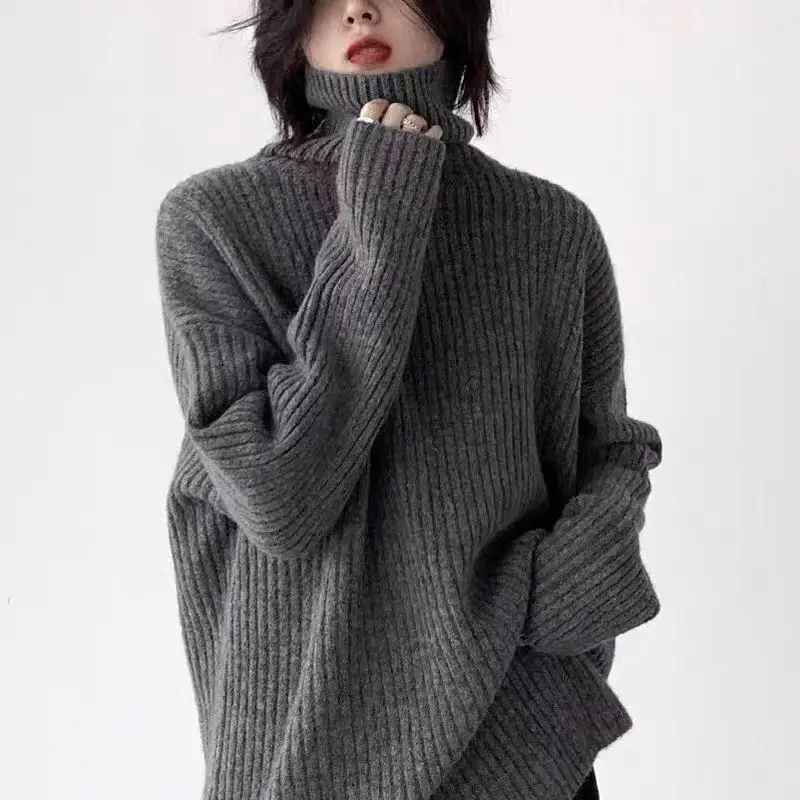 Women's Turtleneck 2025 Autumn/Winter Mid-Length Knit Sweater Loose Large Size 100%Pure Wool Sweater Women's Pullover French Top