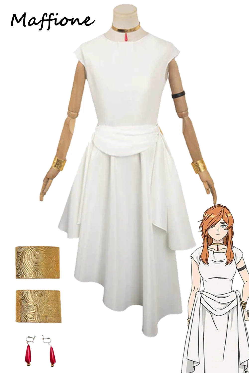 Vestido blanco de fantasía para mujer adulta, traje de Cosplay de Anime Sousou of Friern Flamme, collar de disfraz de Halloween