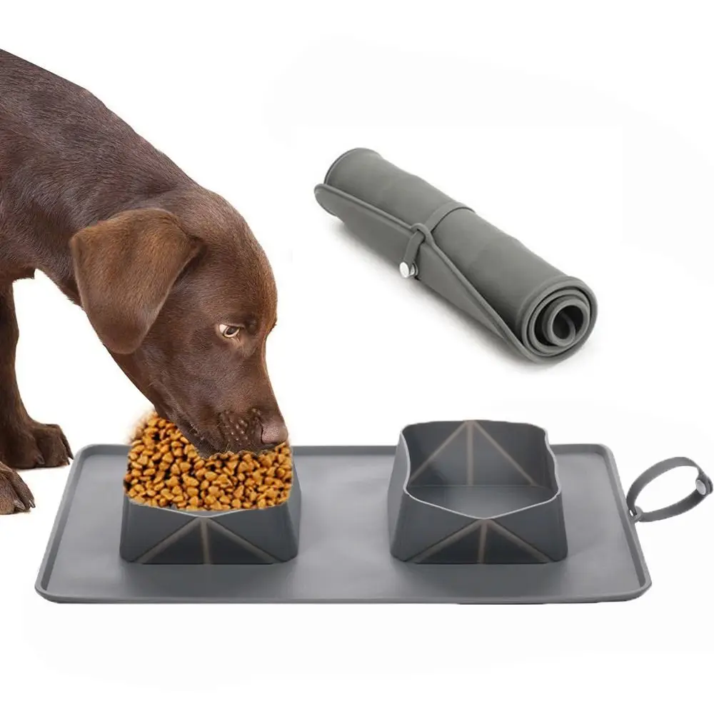 

Portable 2-in-1 Silicone Folding Dog Bowl Soft with Flannel Bag Folding Double Bowls Anti Slip Pet Feeding Bowl Travel