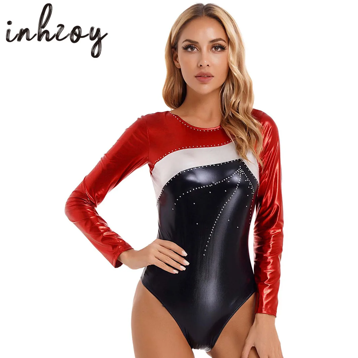 Women Rhinestone Long Sleeves Gymnastics Workot Bodysuit Bronzing Cloth Ballet Dance Leotard Jumpsuit Romper Skating Dancewear