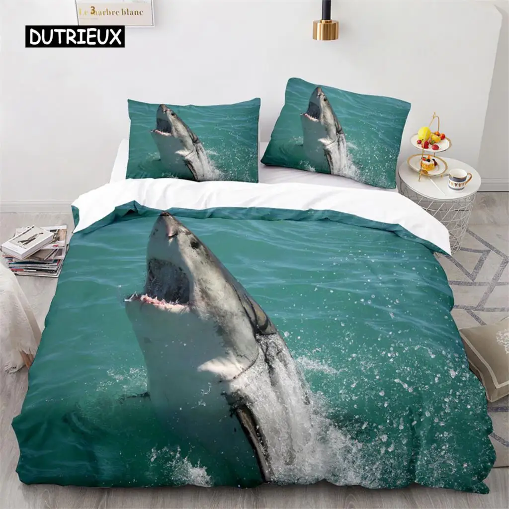 3D Shark Fish Duvet Cover Beach Ferocious Shark Theme Bedding Set Ocean Sea Comforter Cover for Kids Women Men Room Decorations