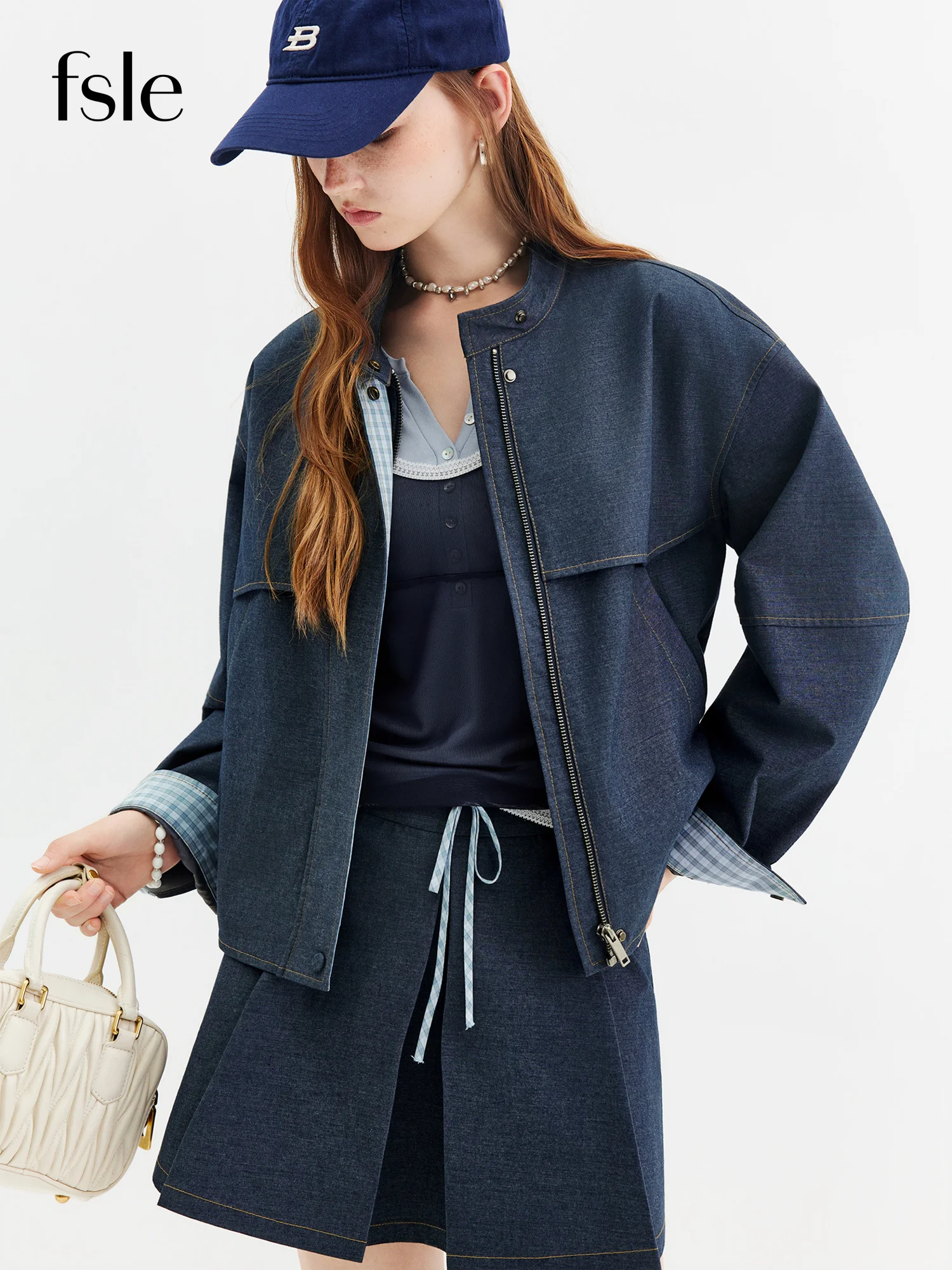 FSLE Retro Stand Collar Workwear Color-blocked Cuff Short Jacket Mini Skirt Sets for Women New Autumn 2026 Plaid Top Commuting