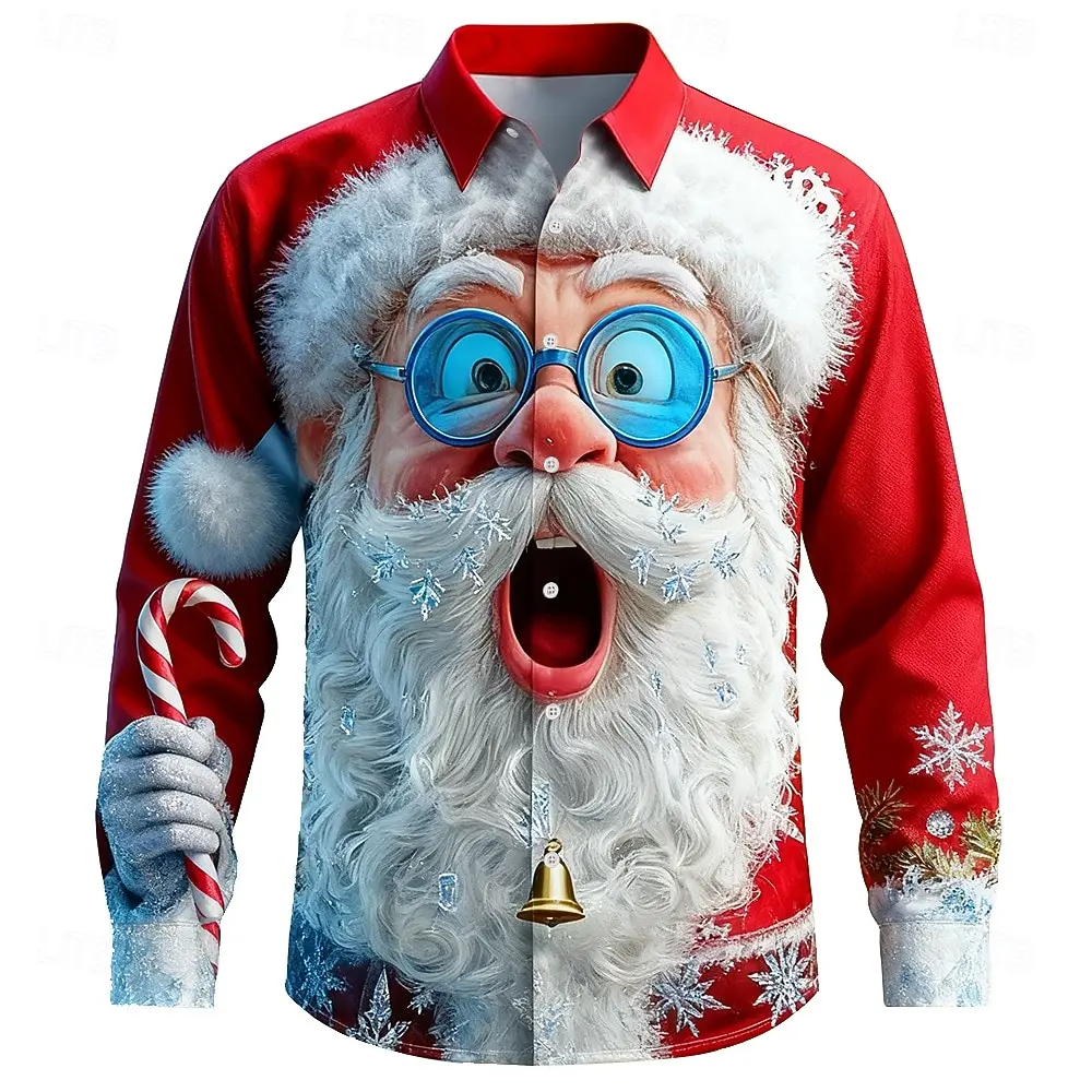 

Funny 3D Santa Clause Graphic Men's Shirt Christmas Theme Long Sleeve Button Lapel Shirts Fashion Outdoor Street Casual Clothing
