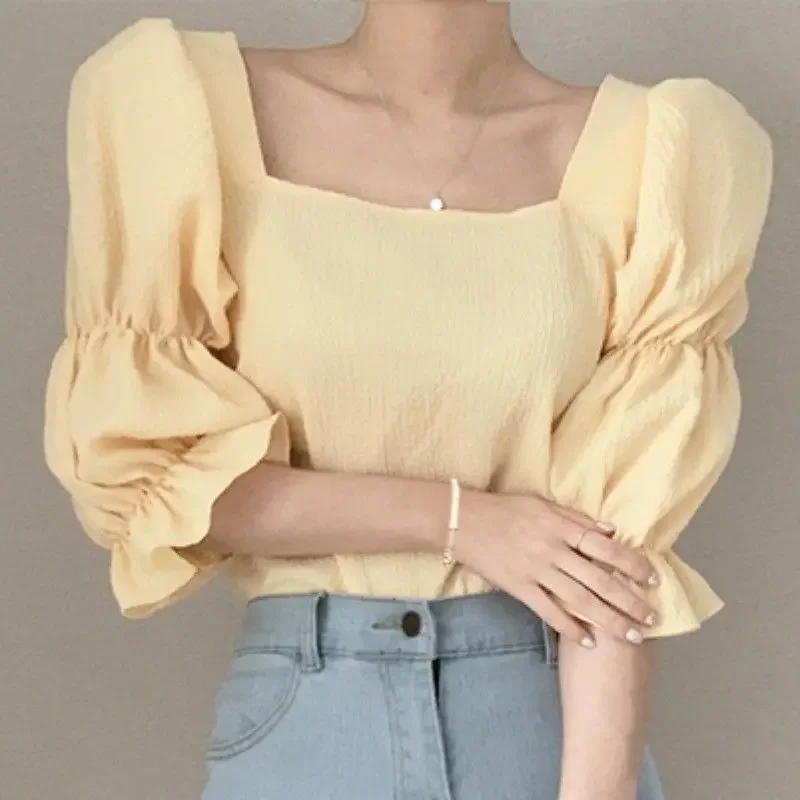 Blouses Women Solid Square Collar Puff Sleeve Elegant Ulzzang Ladies Slim Summer Clothes Breathable Popular Design Streetwear