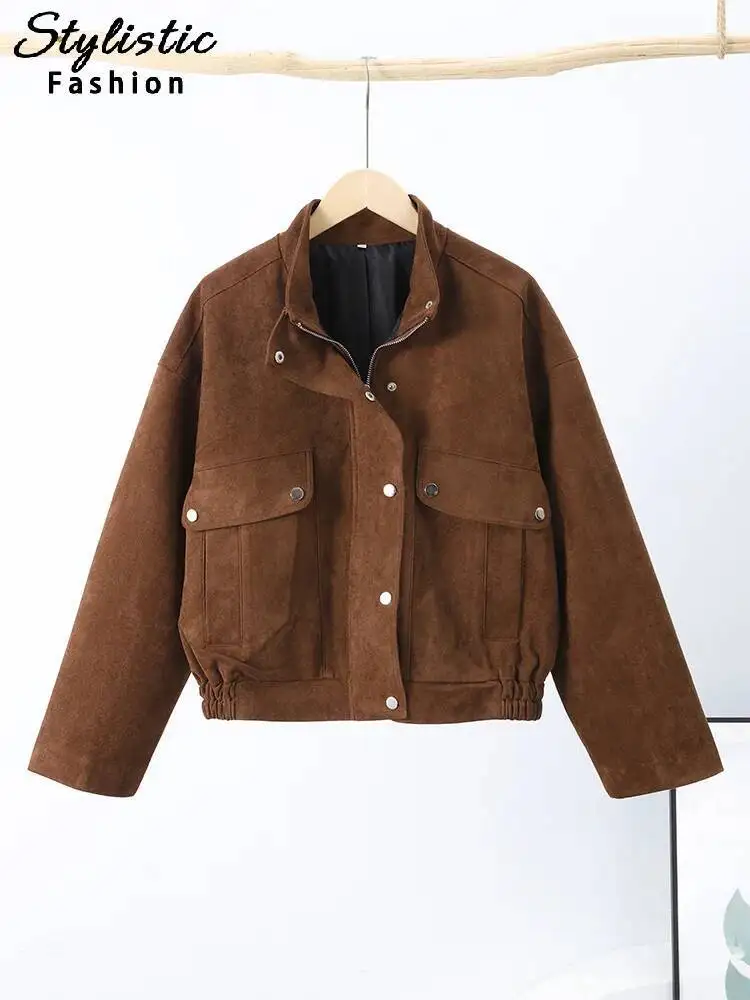 

Замшевые куртки в стиле ретро, женские свободные куртки на молнии с лацканами, длинным рукавом, карманом, эластичным подолом, короткое пальто, осень 2025 г., шикарная уличная верхняя одежда для женщин