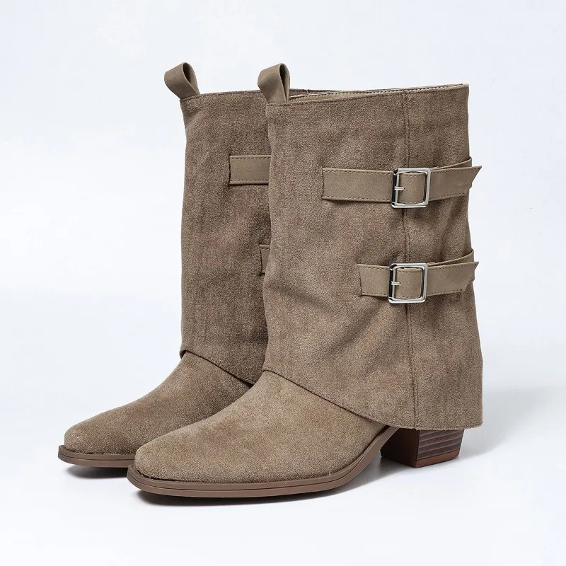 Botas De Mujer Estilo Francés Con Tacón Grueso Y Punta, Botas De Media Pantorrilla Con Hebilla De Cinturón, Botas De Diseñador Retro De Gamuza Casual — -65%, 34.34€ Coupon, from 18.49€ – 65% descuento – €18.49
