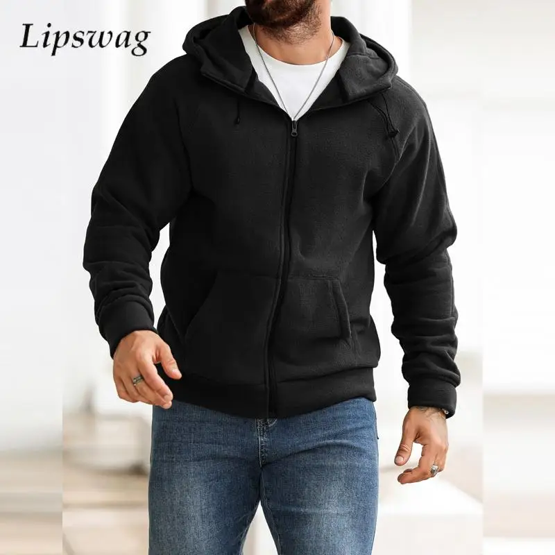 

Vintage Hooded Fleece Sweatshirt Mens Jackets 2025 Spring Fashion Solid Color Zip-up Hooded Cardigans Men Streetwear Fleece Coat