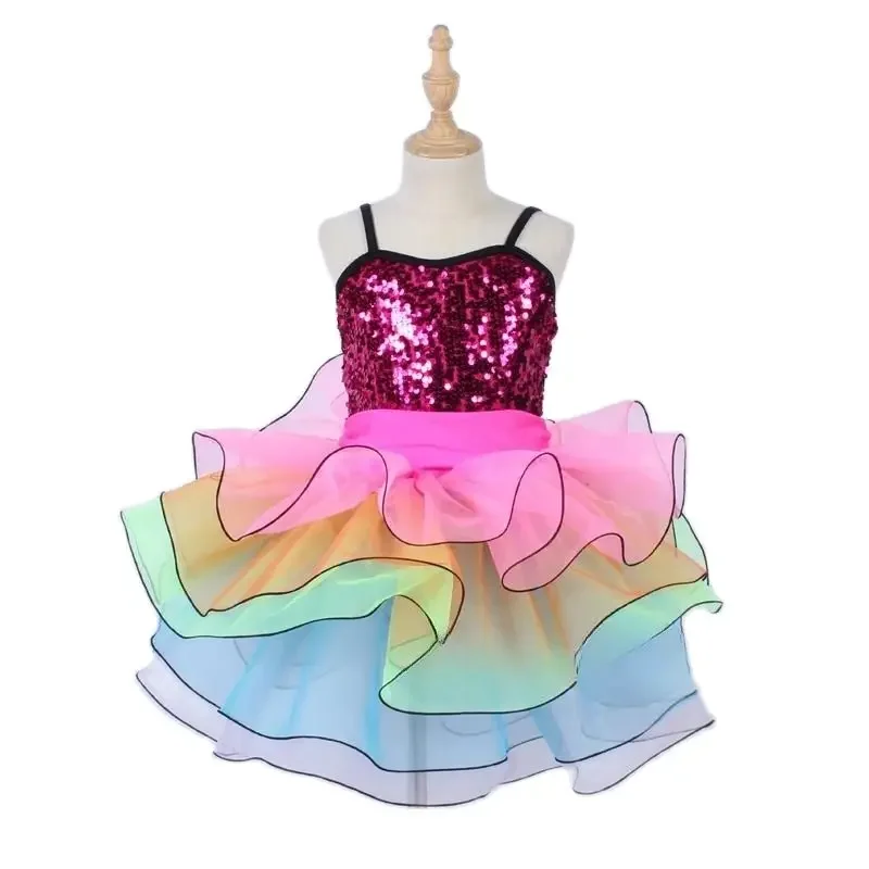 Robe Tutu de danse de Ballet, Costume de spectacle sur scène, vêtements de danse arc-en-ciel pour filles, vêtements de danse de Ballet pour enfants, robe de ballerine à paillettes