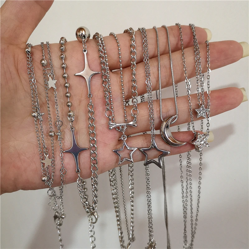 Kpop Vintage Silver Color Star Moon Pendant Chain Necklace For Women Men Goth Punk  Aesthetic Grunge Jewelry Y2K EMO Accessories