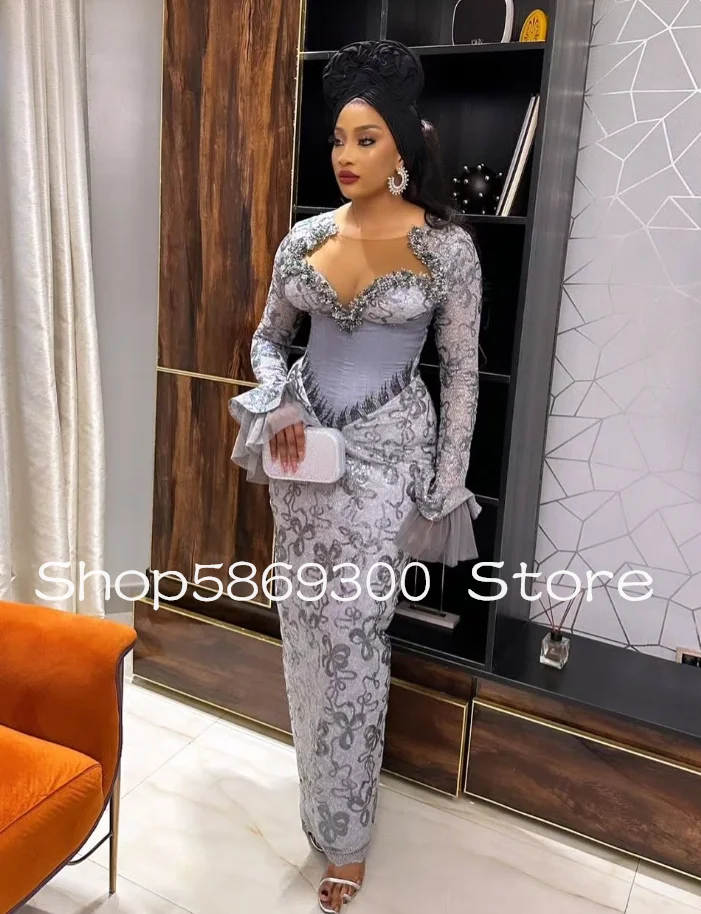 Abiti da ballo africani a sirena scintillante argento Gillter manica lunga Aso Ebi Ankara applique abito da gala da sera personalizzato