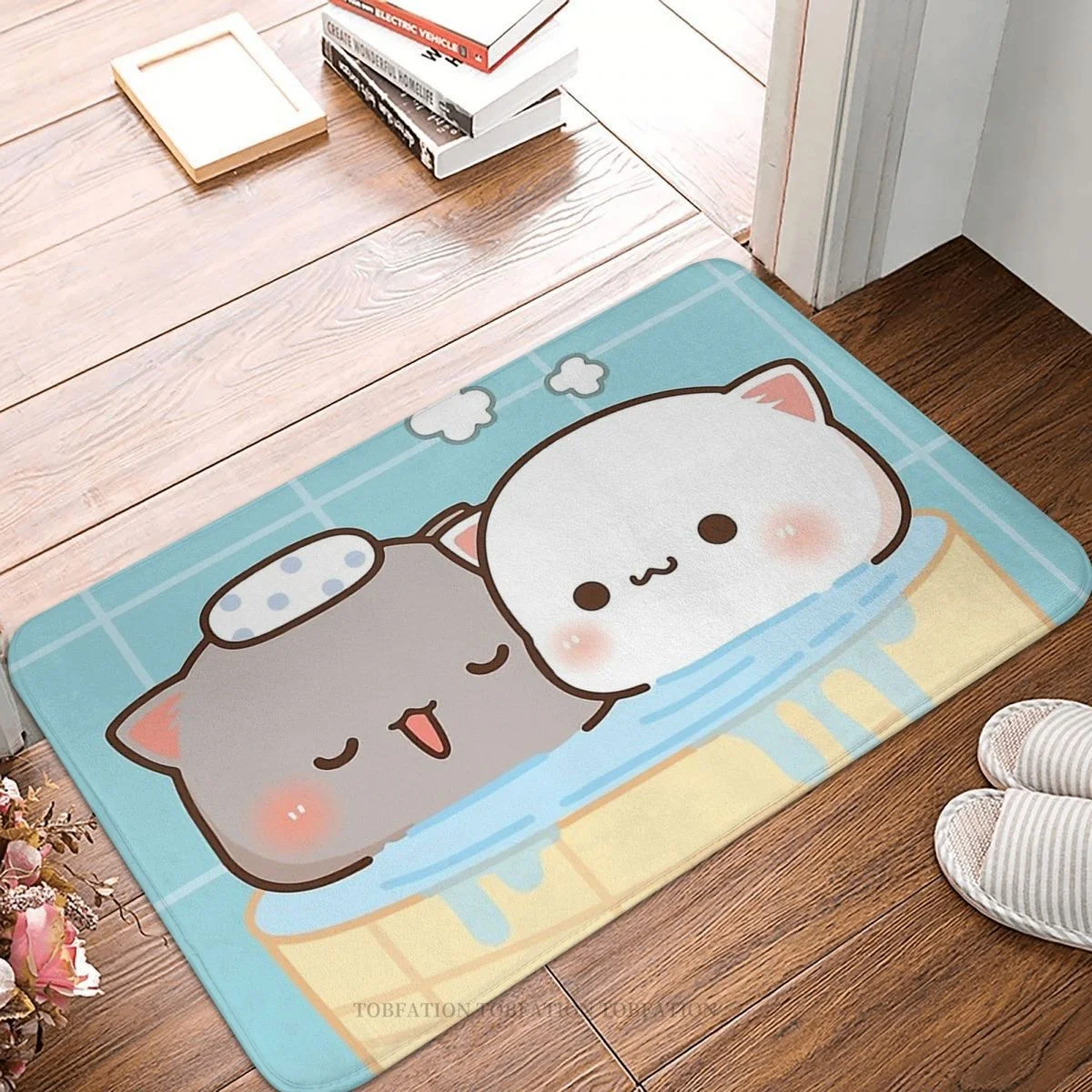 

Peach Cat Non-slip Doormat Goma Mochi Bathing Bath Bedroom Mat Outdoor Carpet Flannel Pattern Decor