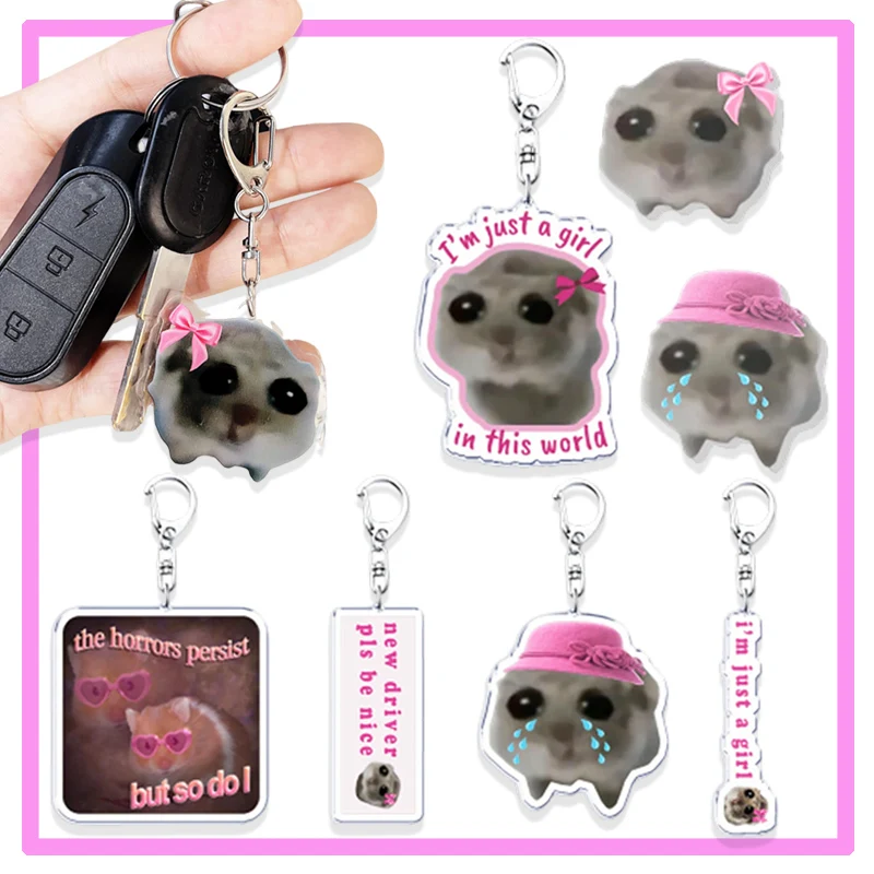 Fun Meme Im Just A Girl Sad Hamster Key Chain Keychains Ring for Accessories Bag Funny Pendant Keyring Jewelry Fans Gifts