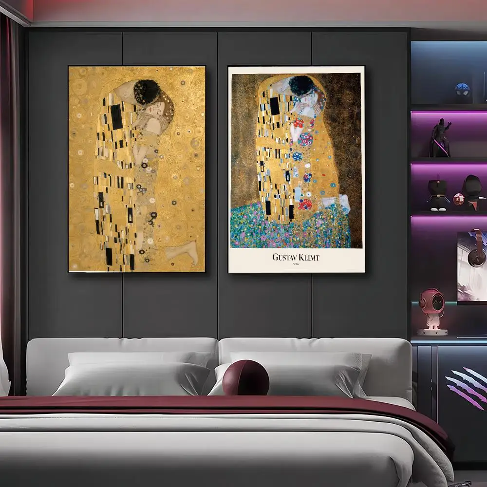 Gustav Klimt The Kiss Canvas Poster Golden Art Nouveau Classic Romantic Living Room Bedroom Home Decor Painting Calligraphy