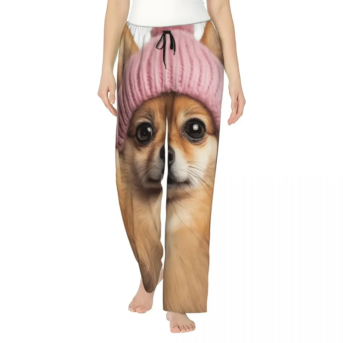 Custom Cozy Pomeranian Dog Wearing Pink Winter Hat Trendy Animal Women Pajama Pants Lounge Sleep Sleepwear Bottoms with Pockets
