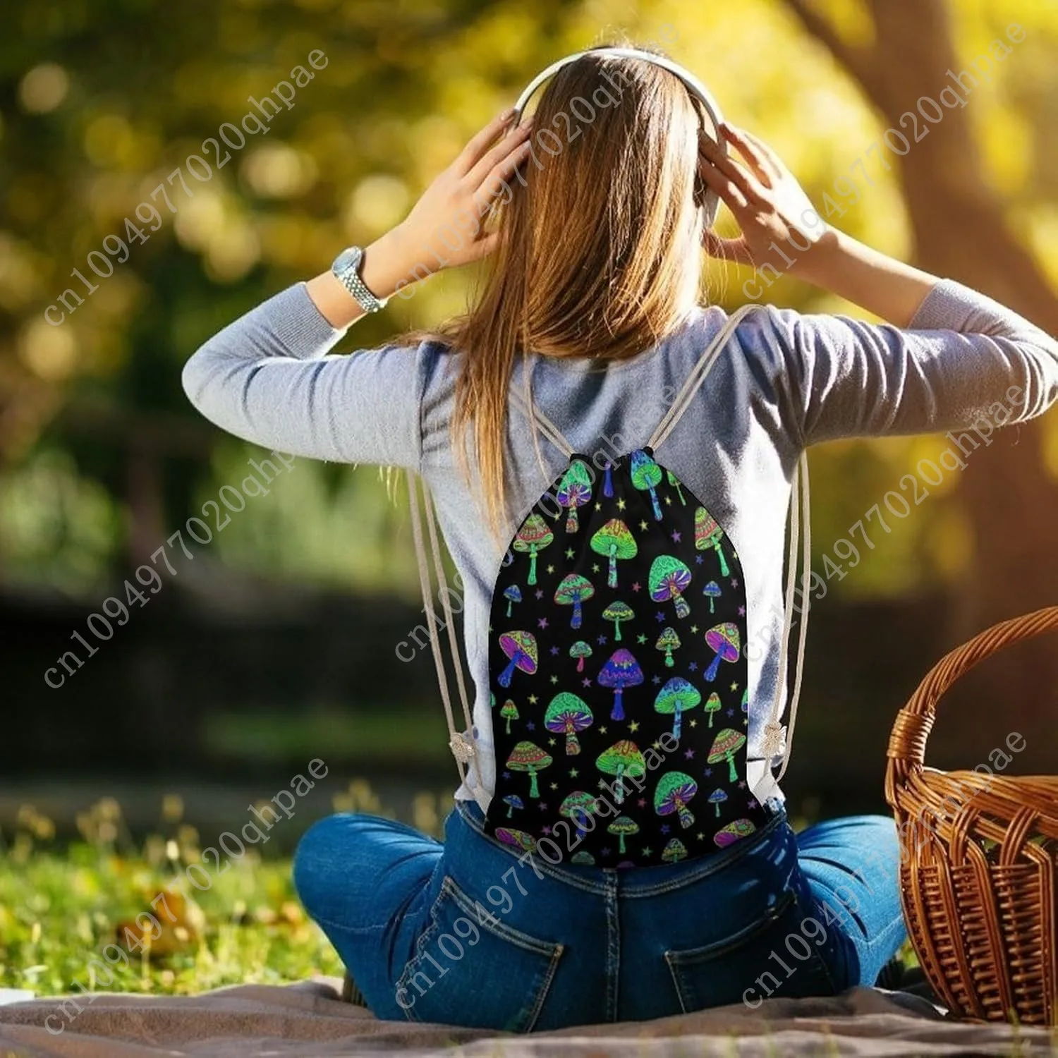 حقيبة سفر برباط من القماش للرجال والنساء، حقيبة ظهر خفيفة الوزن للتخزين للتمرين على الطراز القوطي القوطي السحري الهبي تريبي الفطر برباط #5