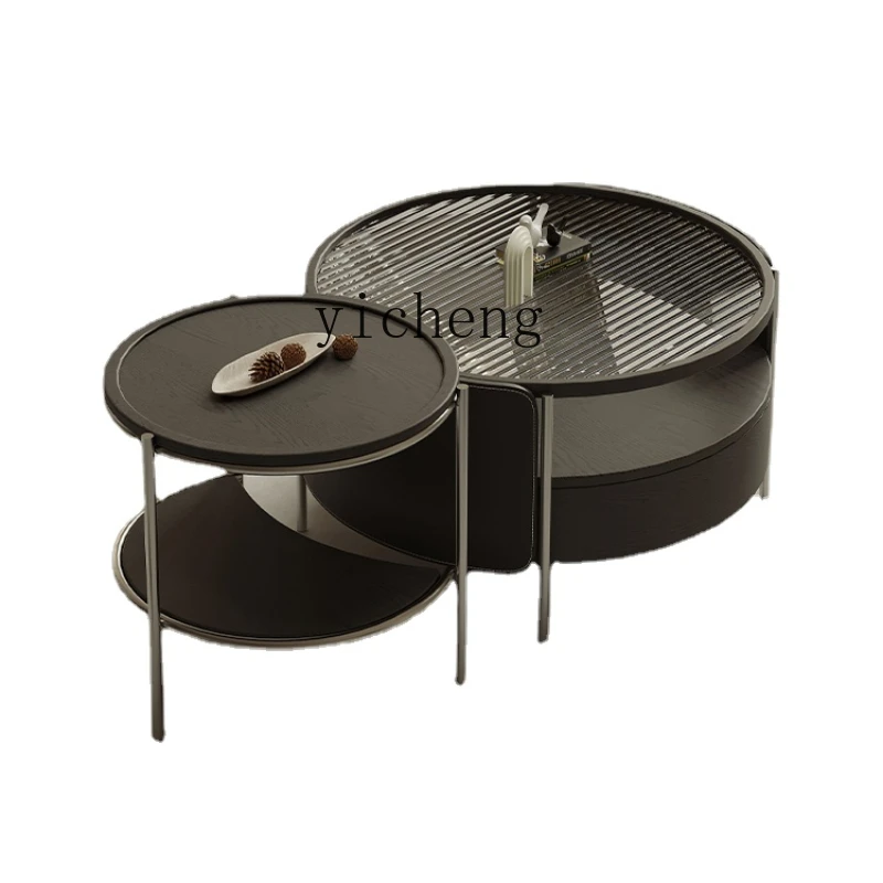 

Light Luxury Saddle Leather Coffee Table Small Apartment Living Room Home round Glass Side Table Combination
