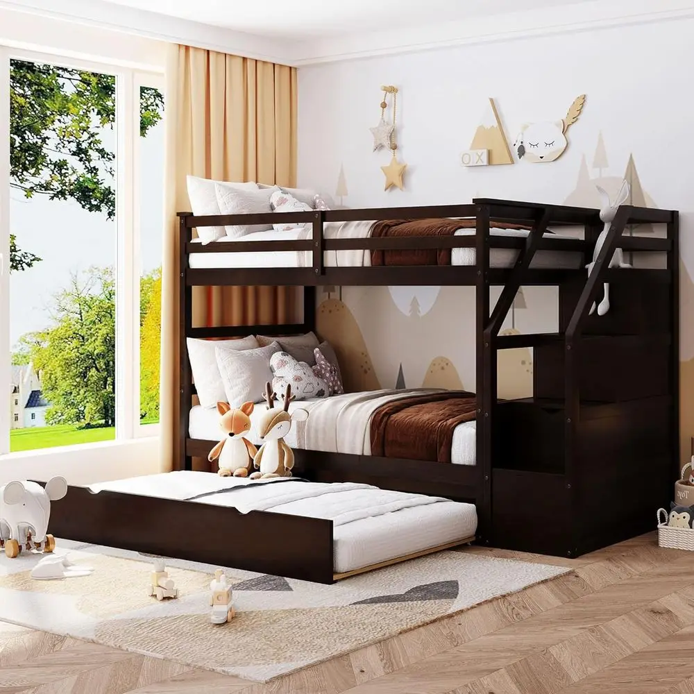 

Twin Over Twin Staircase Bunk Bed with Storage, Trundle, and High Guardrail for Kids, Teens, and Adults - No Box Spring Needed