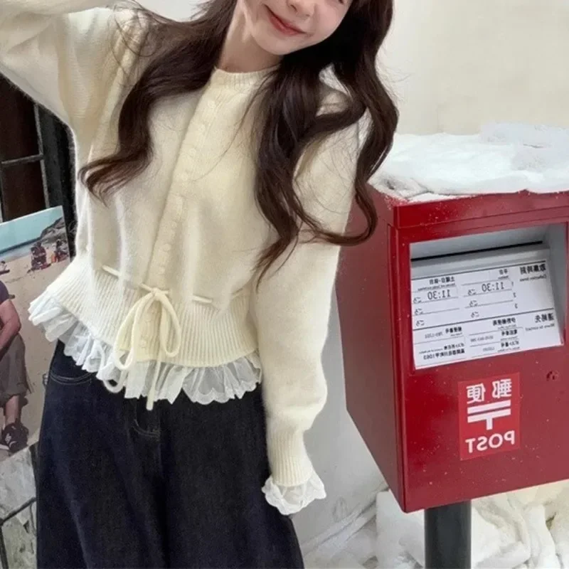 

2026 женская осенняя рубашка Sweet Wind Design Sense на шнуровке, новогодний красный вязаный кардиган, свитер, повседневный топ High Street