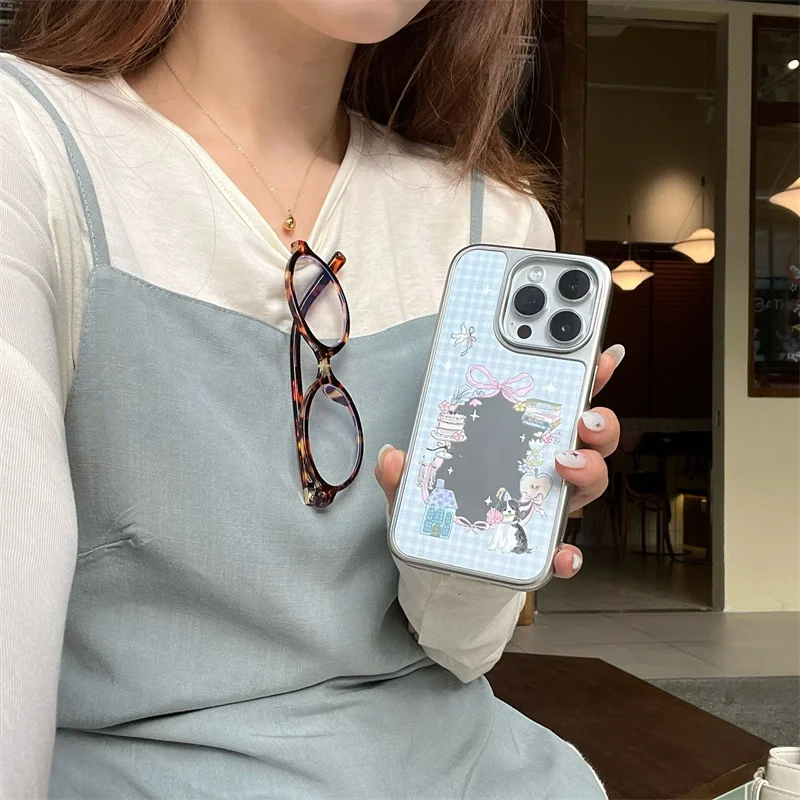 Silver frame mirror face blue grid bow dog illustration phone case for iPhone 13 14 15 16 pro max