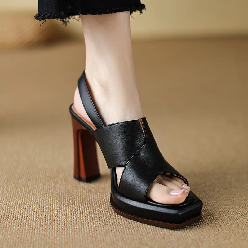 【JOCHEBED HU】Handmade Genuine Leather Summer One-button Thick Open Toe Sexy Professional High Heels Temperament Female Sandals