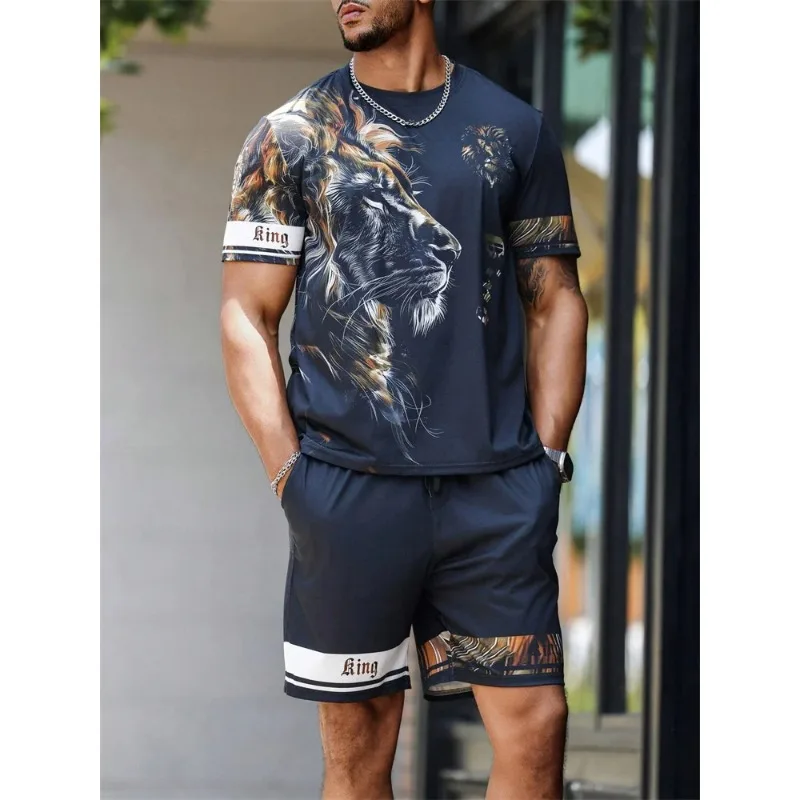 2025 New 3D Lion Printed Round Neck Short Sleeve T-shirt Fashion Shorts Set for Men's Summer Outdoor Sports Set