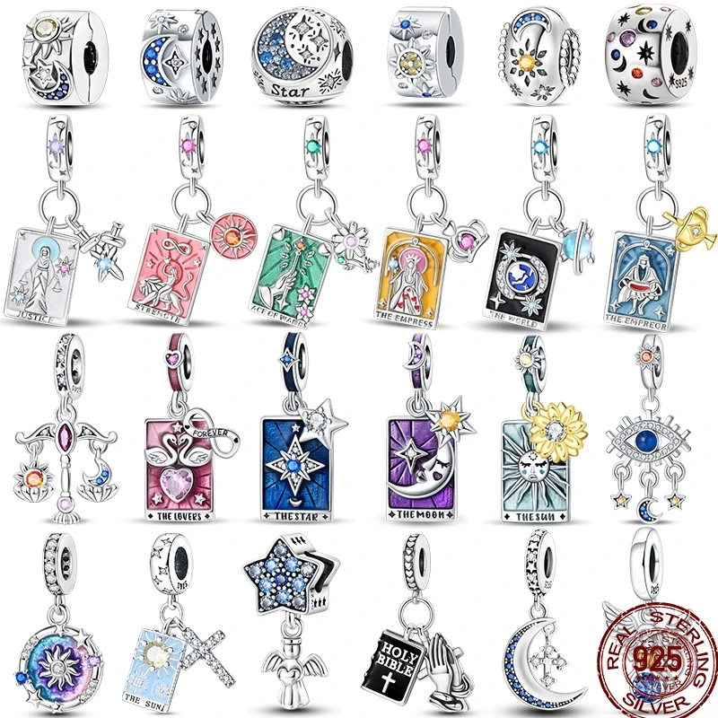 New 925 Sterling Silver Tarot Star Moon Sun Cross Bible Holy Blessing Amulet Beads Fit 3MM 925 Original Bracelet DIY Gift