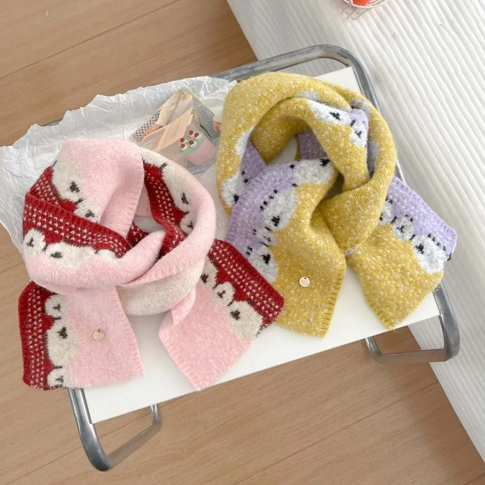 Wool Blend Winter Knitted Scarf Color Contrast Cute Design Wool Blend Neckerchief Thermal Fabric Soft Texture Neck Warmer Girls