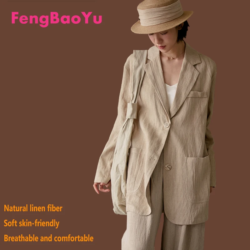 Pure 100% Linen Women's Suit Khaki Temperament Women's Outdoor Leisure Fashion Comfortable Loose Large Size High-end Clothing