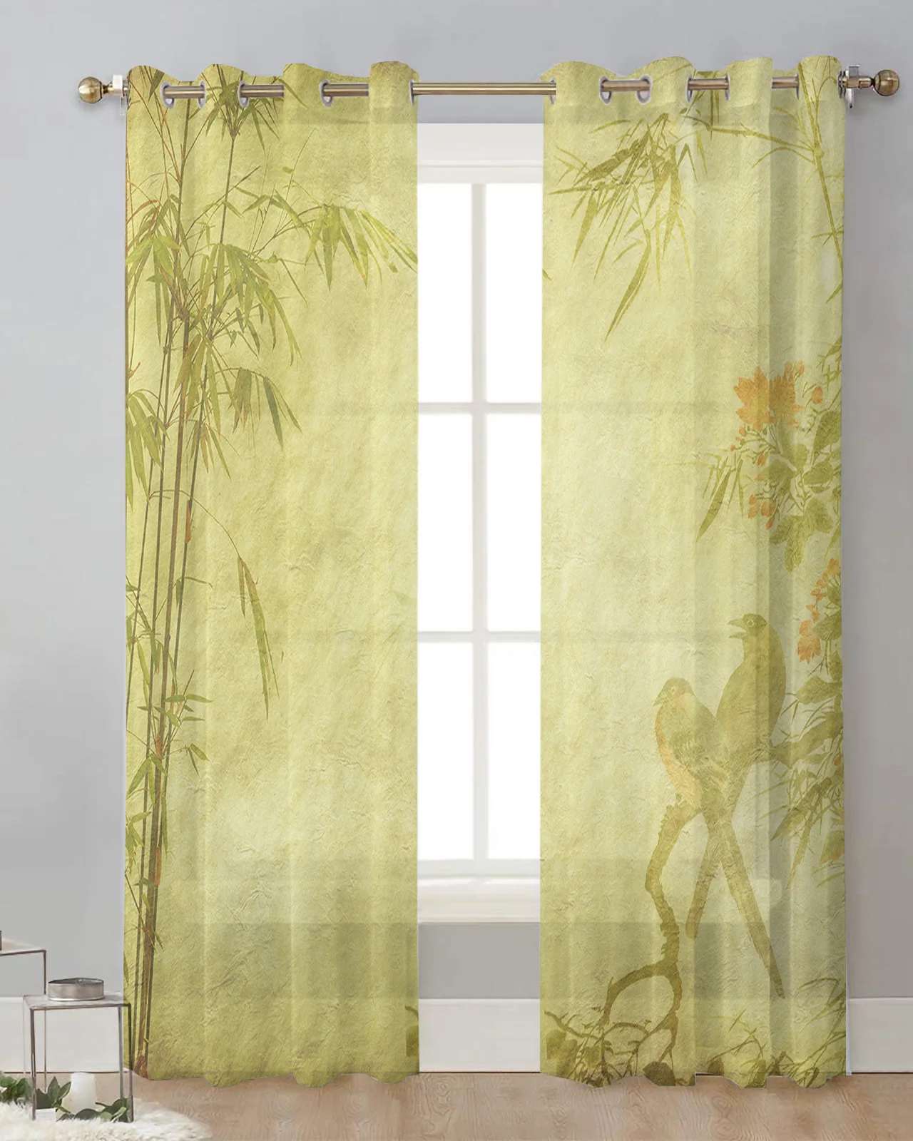 

National Style Bamboo Bird Flower Branch Tulle Drapes Living Room Sheer Window Curtains Kitchen Balcony Modern Voile Curtains