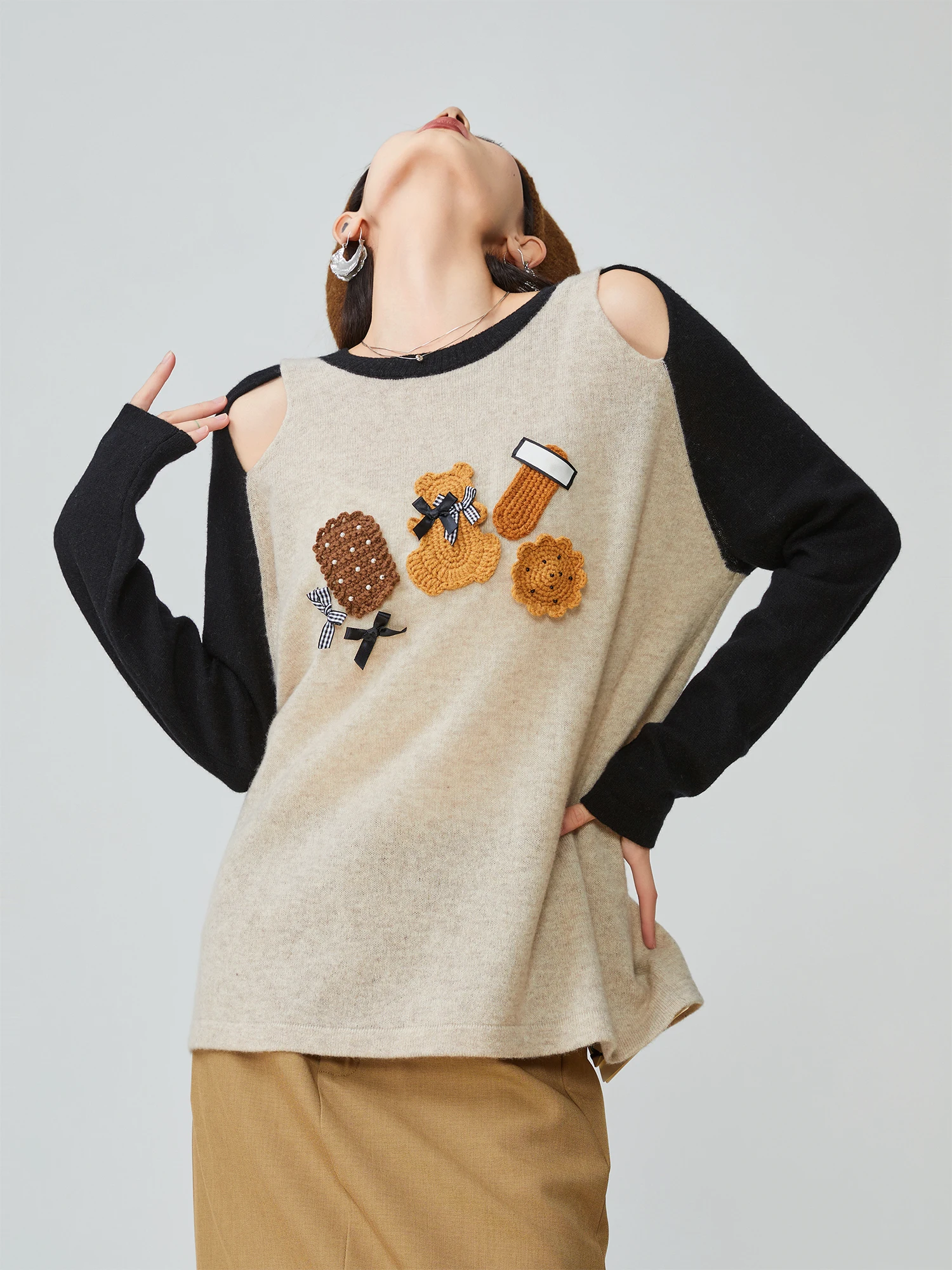 

Женский вязаный топ oulder Bared Long Sve Thin High End Feeling 3D Bear Weave Ele Top Color Blo Design Commute S...