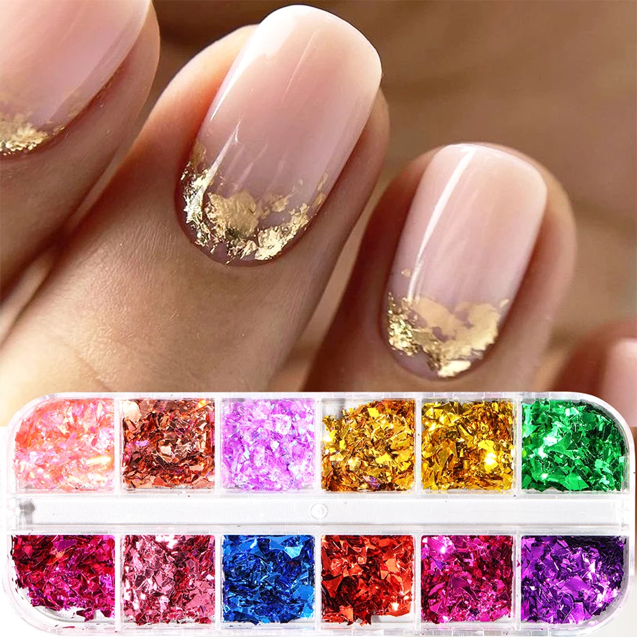 

12 Grids Gold Glitter Nail Art Flakes Sequins Rose Gold Irregular Holographic Sparkles Foil Design Nail Art Decorations Manicure