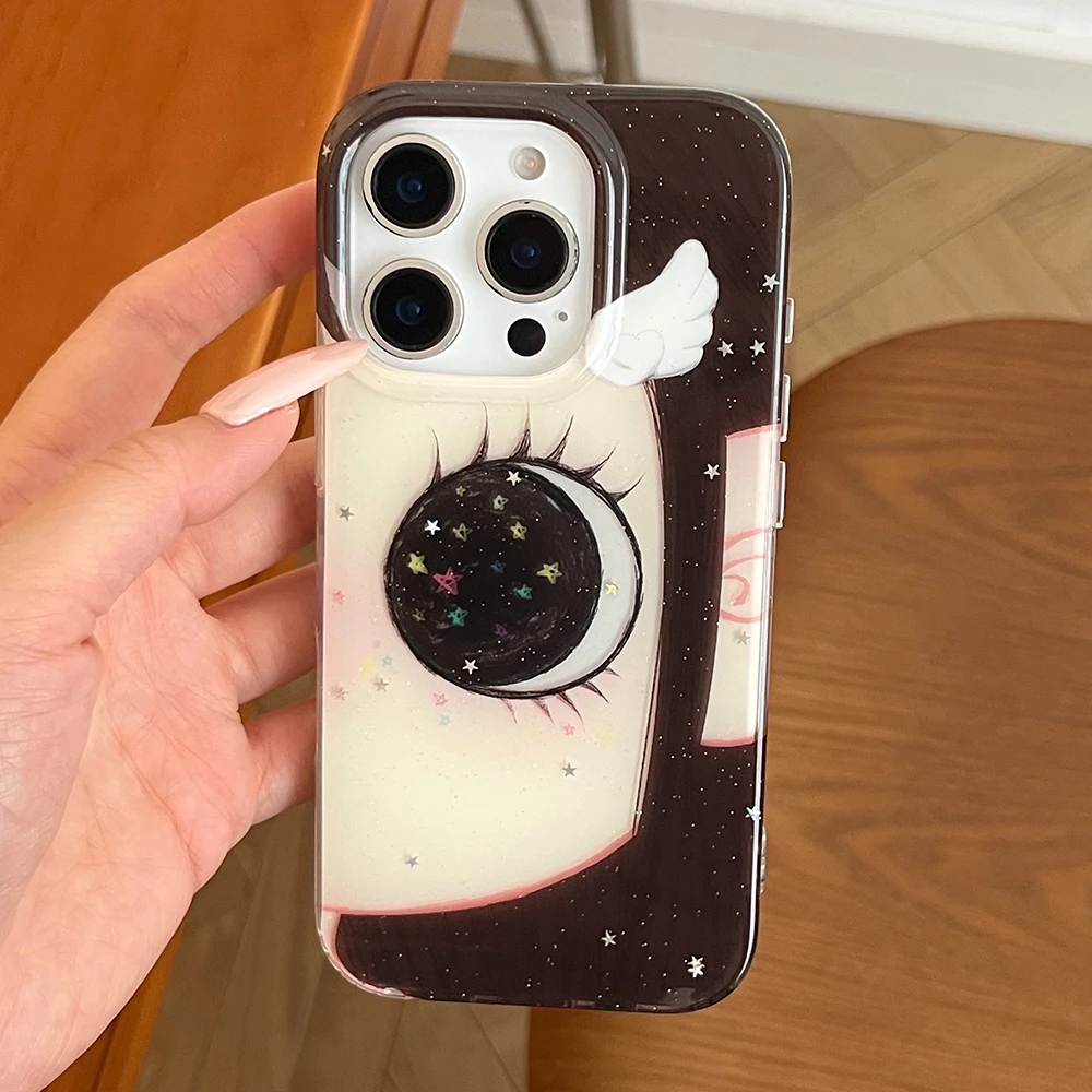 Niedliche Anime-Handyhülle mit glänzenden Augen und Cartoon-Motiv für iPhone 17 16 15 14 Pro 13 Max, Comic-Mädchen, glitzernde große Augen, glitzernde Rückseite