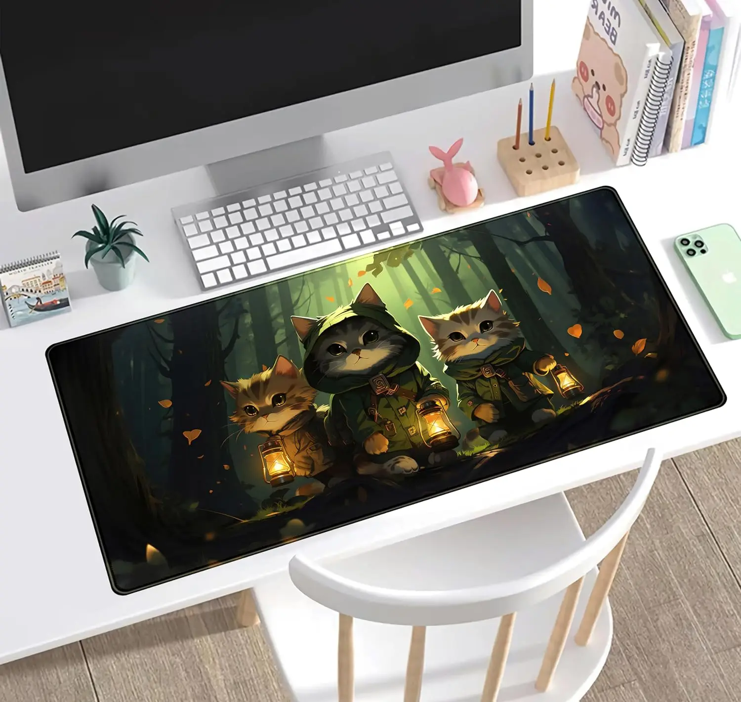 Imagem -05 - Anime Forest Cats Desk Pad para Mulheres e Meninas Bonito Kawaii Verde Mouse Pad xl Grande Gaming Mousepad com Bordas Costuradas 315x118 Polegadas