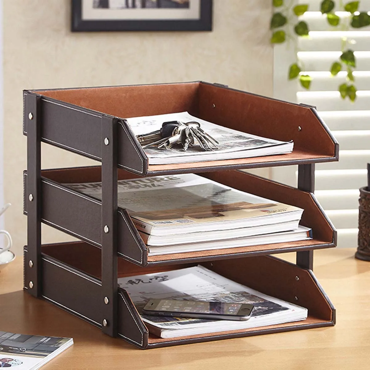 3-Tier Leather Stationery Organizer Storage Boxes Desk Organizer Stand Home Office Storage Drawer Organizer for Documents Tray