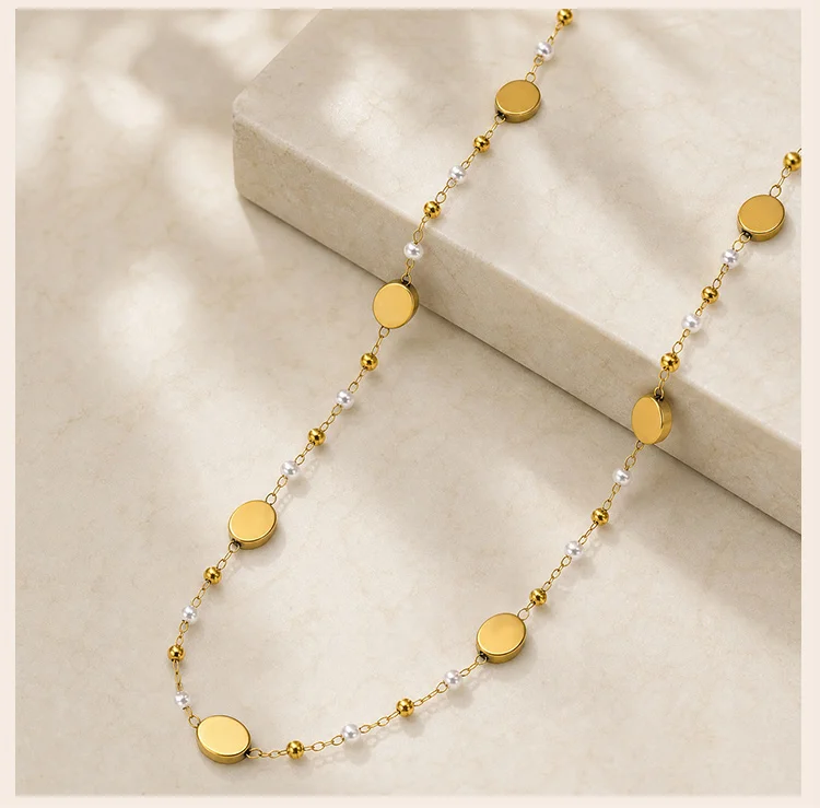 Runde Scheiben-Station-Halskette, goldfarbene Edelstahl-Perlenkette, zarter Schmuck für kleine Ladenausstattung – Detail 7