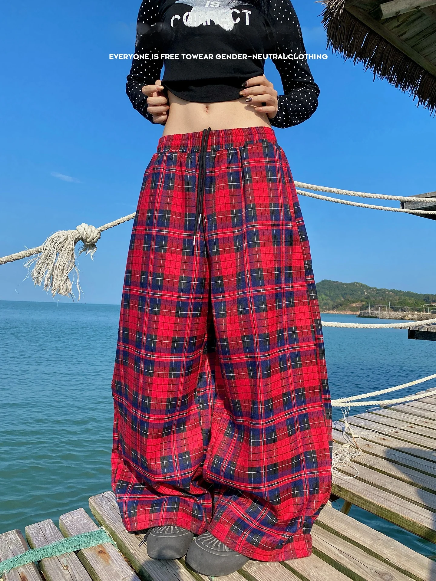 

American Sle Vintage Plaid Casual Pants ex Loose Fit Jazz Dance Wide Leg Long Trousers Casual Wear for Men And Women